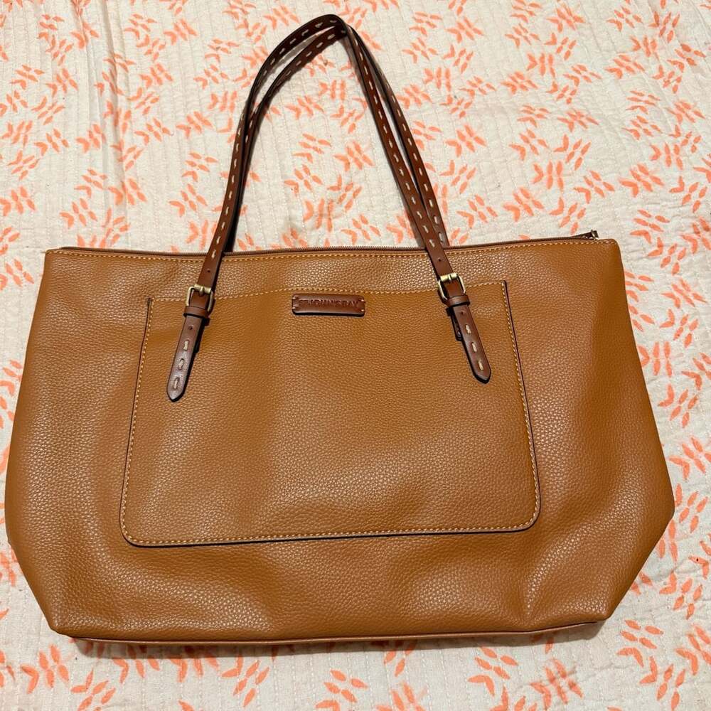 St John's Bay Tote Bag Cognac Brown Faux Leather Structured